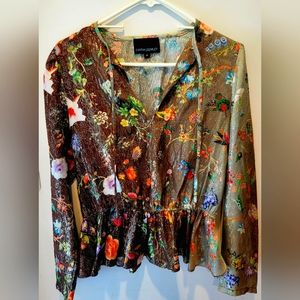 Cynthia Rowley Silk Blouse w Gold Metallic Stitching